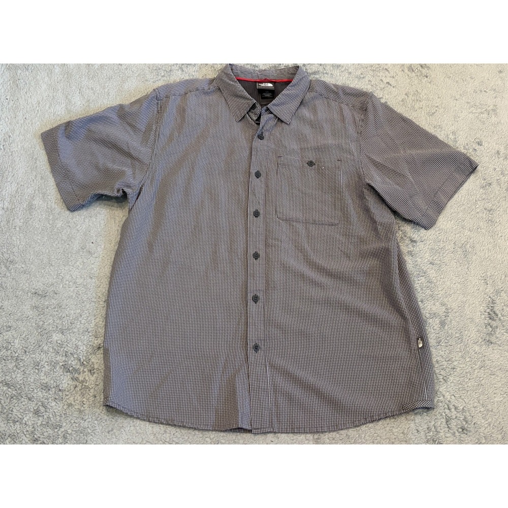 North Face Button Up Shirt Mens L Gray Plaid Modal Polyester Blend Short Sleeve